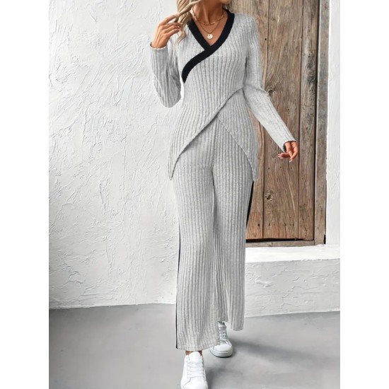 Kadın Uzun Kollu V Yakalı çapraz Detaylı şardonlu Kaşkorse Bluz Ve Pantolon Ikili Takım , 22487 Kadın Uzun Kollu V Yakalı çapraz Detaylı şardonlu Kaşkorse Bluz Ve Pantolon Ikili Takım , 22487