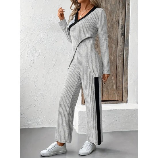 Kadın Uzun Kollu V Yakalı çapraz Detaylı şardonlu Kaşkorse Bluz Ve Pantolon Ikili Takım , 22487 Kadın Uzun Kollu V Yakalı çapraz Detaylı şardonlu Kaşkorse Bluz Ve Pantolon Ikili Takım , 22487