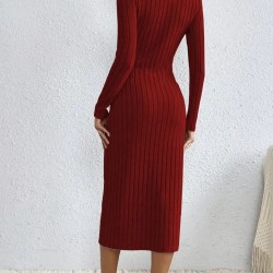 Kadın Uzun Kollu Balıkçı Yaka Yırtmaçlı Düğmeli şardonlu Kaşkorse Elbise , 22972