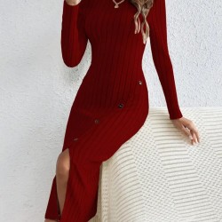 Kadın Uzun Kollu Balıkçı Yaka Yırtmaçlı Düğmeli şardonlu Kaşkorse Elbise , 22972