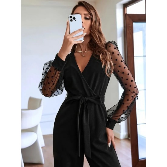 Kadın Uzun Kollu Kolları Tül Detaylı Kruvaze Yakalı Beli Kuşaklı Ithal Krep Tulum, 22982 Kadın Uzun Kollu Kolları Tül Detaylı Kruvaze Yakalı Beli Kuşaklı Ithal Krep Tulum, 22982