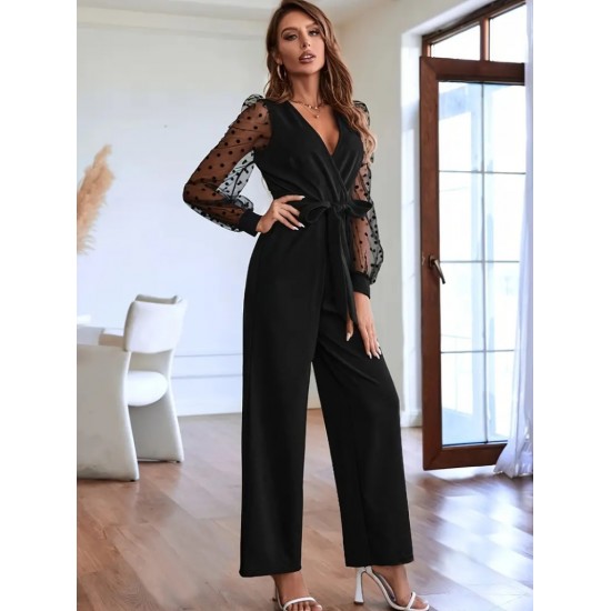 Kadın Uzun Kollu Kolları Tül Detaylı Kruvaze Yakalı Beli Kuşaklı Ithal Krep Tulum, 22982 Kadın Uzun Kollu Kolları Tül Detaylı Kruvaze Yakalı Beli Kuşaklı Ithal Krep Tulum, 22982