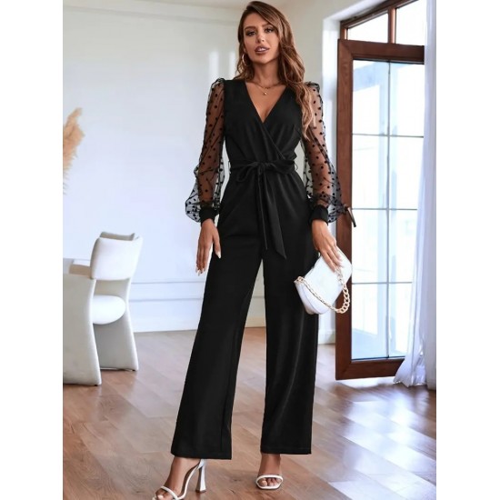 Kadın Uzun Kollu Kolları Tül Detaylı Kruvaze Yakalı Beli Kuşaklı Ithal Krep Tulum, 22982 Kadın Uzun Kollu Kolları Tül Detaylı Kruvaze Yakalı Beli Kuşaklı Ithal Krep Tulum, 22982