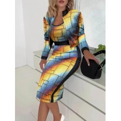 Kadın Uzun Kollu Askılı Yuvarlak Yaka Desenli Dalgıç Bluz Ceket Ve Etek üçlü Takım , 23085 Kadın Uzun Kollu Askılı Yuvarlak Yaka Desenli Dalgıç Bluz Ceket Ve Etek üçlü Takım , 23085