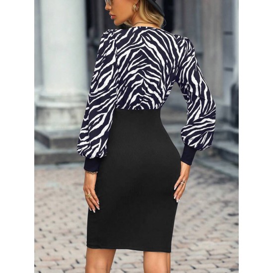 Kadın Uzun Kollu Kruvaze Yakalı Zebra Desenli Kısa Krep Elbise ( Kemersiz ), 23185 Kadın Uzun Kollu Kruvaze Yakalı Zebra Desenli Kısa Krep Elbise ( Kemersiz ), 23185
