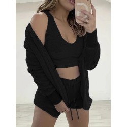 Kadın Uzun Kollu Ceket, Askılı Peluş Bluz Ve şort üçlü Takım , 23209 Kadın Uzun Kollu Ceket, Askılı Peluş Bluz Ve şort üçlü Takım , 23209