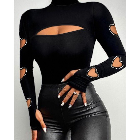 Kadın Uzun Kollu Yarı Balıkçı Yaka Pencere Detaylı Kolları Kalp Desen Taşlı Viskon Bluz , 23287 Kadın Uzun Kollu Yarı Balıkçı Yaka Pencere Detaylı Kolları Kalp Desen Taşlı Viskon Bluz , 23287