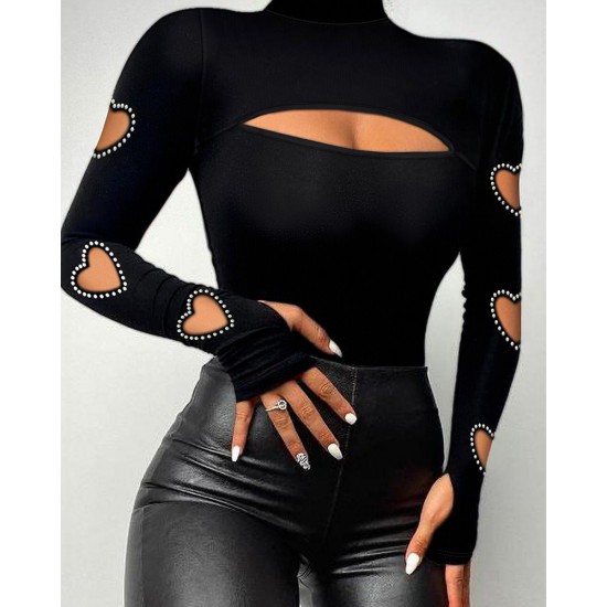 Kadın Uzun Kollu Yarı Balıkçı Yaka Pencere Detaylı Kolları Kalp Desen Taşlı Viskon Bluz , 23287 Kadın Uzun Kollu Yarı Balıkçı Yaka Pencere Detaylı Kolları Kalp Desen Taşlı Viskon Bluz , 23287