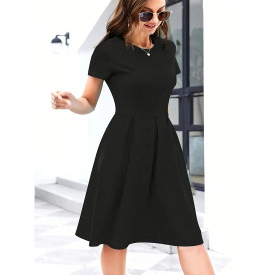 Kadın Kısa Kollu Bisiklet Yaka önden Pile Detaylı Janjan Krep Elbise , 23336