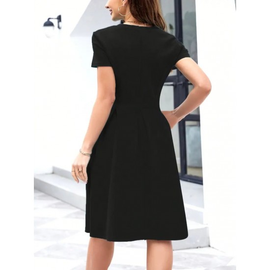 Kadın Kısa Kollu Bisiklet Yaka önden Pile Detaylı Janjan Krep Elbise , 23336