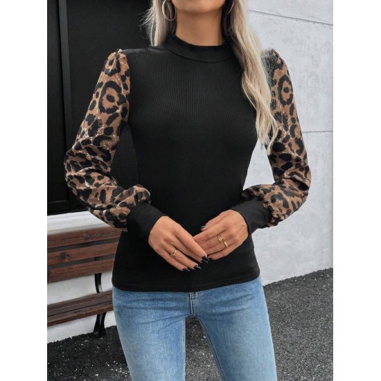 Kadın Uzun Kollu Yarı Balıkçı Yaka Leopar Detaylı Kaşkorse Bluz, 23423