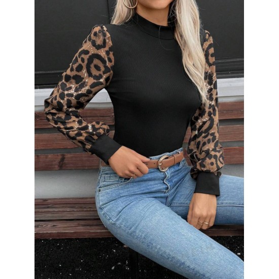 Kadın Uzun Kollu Yarı Balıkçı Yaka Leopar Detaylı Kaşkorse Bluz, 23423