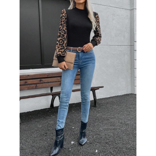 Kadın Uzun Kollu Yarı Balıkçı Yaka Leopar Detaylı Kaşkorse Bluz, 23423