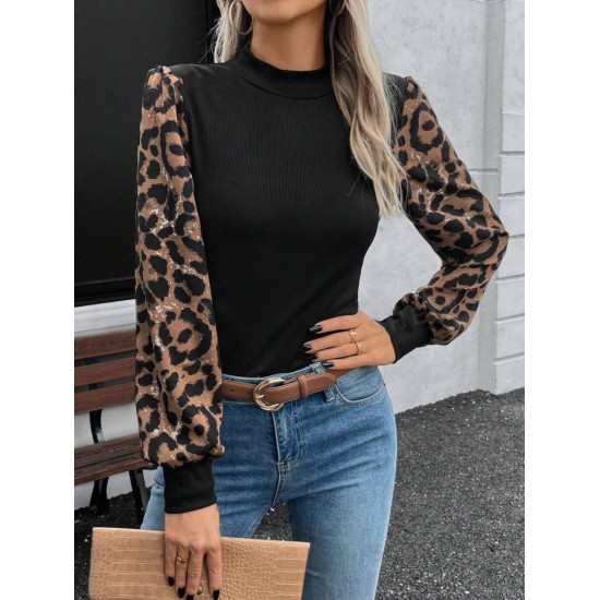 Kadın Uzun Kollu Yarı Balıkçı Yaka Leopar Detaylı Kaşkorse Bluz, 23423