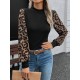 Kadın Uzun Kollu Yarı Balıkçı Yaka Leopar Detaylı Kaşkorse Bluz, 23423