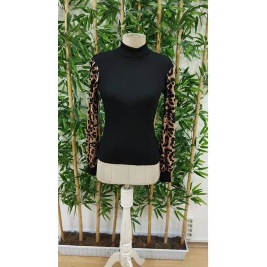 Kadın Uzun Kollu Yarı Balıkçı Yaka Leopar Detaylı Kaşkorse Bluz, 23423