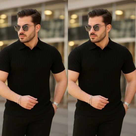 Erkek Kısa Kollu Yakalı çizgi Desenli Triko Bluz , 23451