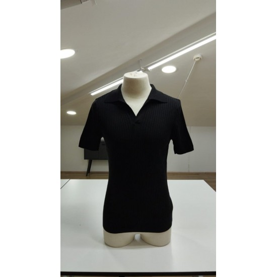 Erkek Kısa Kollu Yakalı çizgi Desenli Triko Bluz , 23451