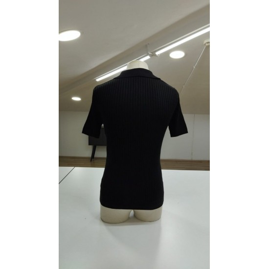 Erkek Kısa Kollu Yakalı çizgi Desenli Triko Bluz , 23451