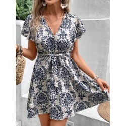 Kadın Kısa Kollu V Yakalı Beli Kuşaklı Desenli Sofya Elbise, 23467