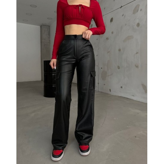 Women' S High Waist Front Zippered Side Pocket Leather Cargo Pants , 23493 Women' S High Waist Front Zippered Side Pocket Leather Cargo Pants , 23493