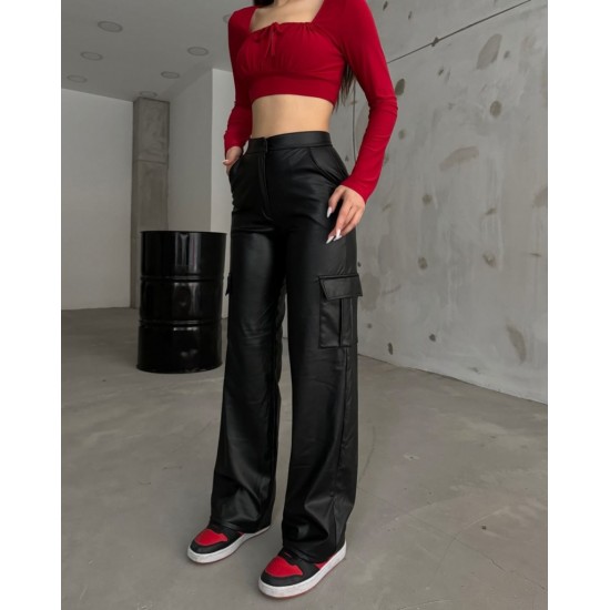 Women' S High Waist Front Zippered Side Pocket Leather Cargo Pants , 23493 Women' S High Waist Front Zippered Side Pocket Leather Cargo Pants , 23493
