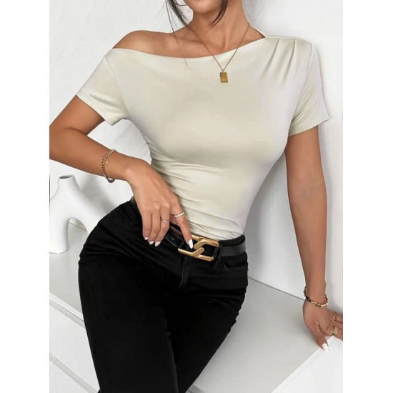 Kadın Kısa Kollu Tek Omuzu Açık Büzgülü Viskon Bluz, 23534 Kadın Kısa Kollu Tek Omuzu Açık Büzgülü Viskon Bluz, 23534