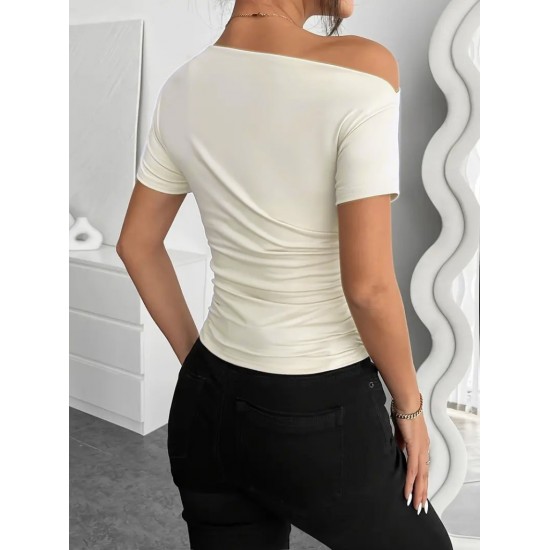 Kadın Kısa Kollu Tek Omuzu Açık Büzgülü Viskon Bluz, 23534 Kadın Kısa Kollu Tek Omuzu Açık Büzgülü Viskon Bluz, 23534