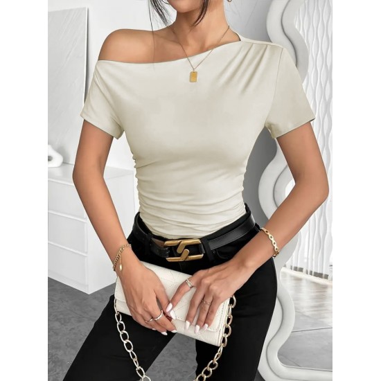 Kadın Kısa Kollu Tek Omuzu Açık Büzgülü Viskon Bluz, 23534 Kadın Kısa Kollu Tek Omuzu Açık Büzgülü Viskon Bluz, 23534