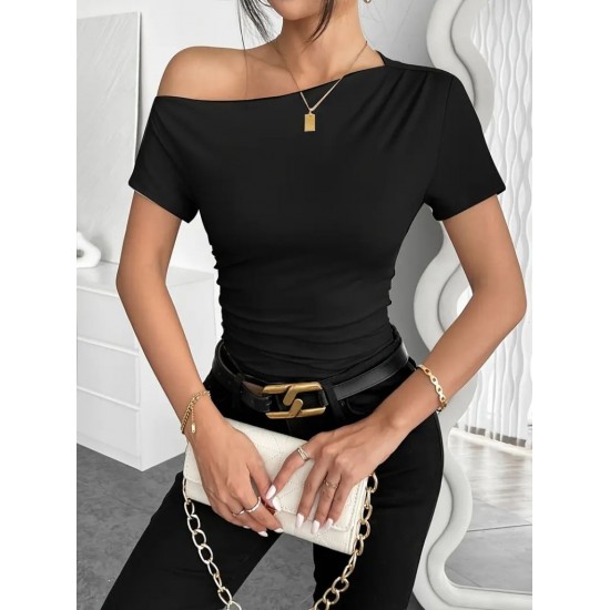 Women' S Short Sleeve One Shoulder Open Gathered Viscose Blouse, 23531 Women' S Short Sleeve One Shoulder Open Gathered Viscose Blouse, 23531