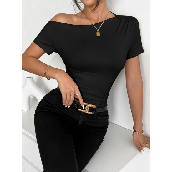 Women' S Short Sleeve One Shoulder Open Gathered Viscose Blouse, 23531 Women' S Short Sleeve One Shoulder Open Gathered Viscose Blouse, 23531