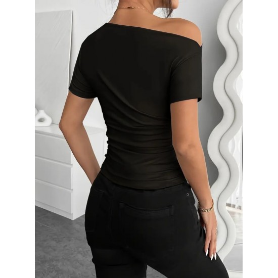 Women' S Short Sleeve One Shoulder Open Gathered Viscose Blouse, 23531 Women' S Short Sleeve One Shoulder Open Gathered Viscose Blouse, 23531