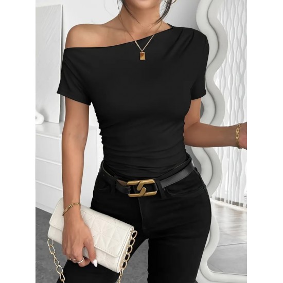 Women' S Short Sleeve One Shoulder Open Gathered Viscose Blouse, 23531 Women' S Short Sleeve One Shoulder Open Gathered Viscose Blouse, 23531