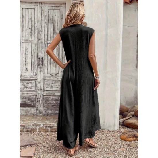 Women' S Short Sleeve Front Buttoned Long Ruffled Jumpsuit With Wide Hem Pockets, 23540 Women' S Short Sleeve Front Buttoned Long Ruffled Jumpsuit With Wide Hem Pockets, 23540