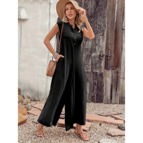 Women' S Short Sleeve Front Buttoned Long Ruffled Jumpsuit With Wide Hem Pockets, 23540 Women' S Short Sleeve Front Buttoned Long Ruffled Jumpsuit With Wide Hem Pockets, 23540