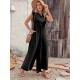 Women' S Short Sleeve Front Buttoned Long Ruffled Jumpsuit With Wide Hem Pockets, 23540 Women' S Short Sleeve Front Buttoned Long Ruffled Jumpsuit With Wide Hem Pockets, 23540