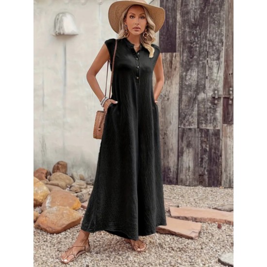 Women' S Short Sleeve Front Buttoned Long Ruffled Jumpsuit With Wide Hem Pockets, 23540 Women' S Short Sleeve Front Buttoned Long Ruffled Jumpsuit With Wide Hem Pockets, 23540