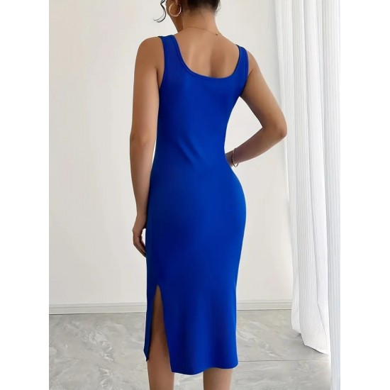 Women' S Strappy Square Neck Side Slit Midi Camisole Dress , 23584