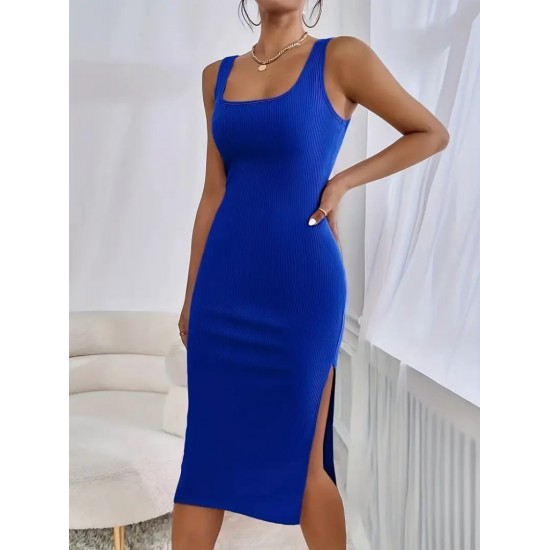 Women' S Strappy Square Neck Side Slit Midi Camisole Dress , 23584