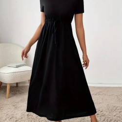 Kadın Kısa Kollu Bisiklet Yaka Belden Bağcıklı Cepli Viskon Elbise, 23597