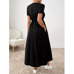 Women' S Short-sleeved, Crew Neck, Drawstring Waist, Pocketed Viscose Dress., 23597 Women' S Short-sleeved, Crew Neck, Drawstring Waist, Pocketed Viscose Dress., 23597