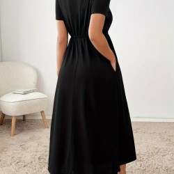 Kadın Kısa Kollu Bisiklet Yaka Belden Bağcıklı Cepli Viskon Elbise, 23597