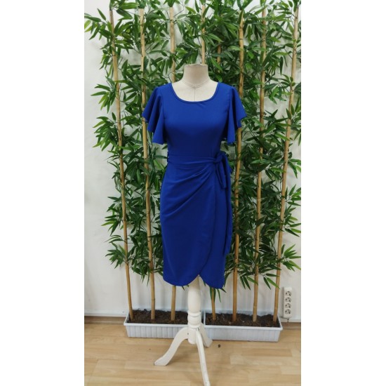 Kadın Kısa Fırfır Kollu Yakası Açık Belden Kuşaklı çapraz Kesim Detaylı Ithal Krep Elbise , 23622