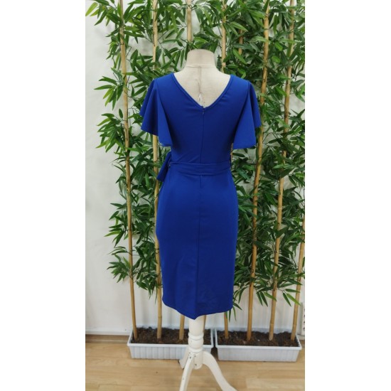 Kadın Kısa Fırfır Kollu Yakası Açık Belden Kuşaklı çapraz Kesim Detaylı Ithal Krep Elbise , 23622