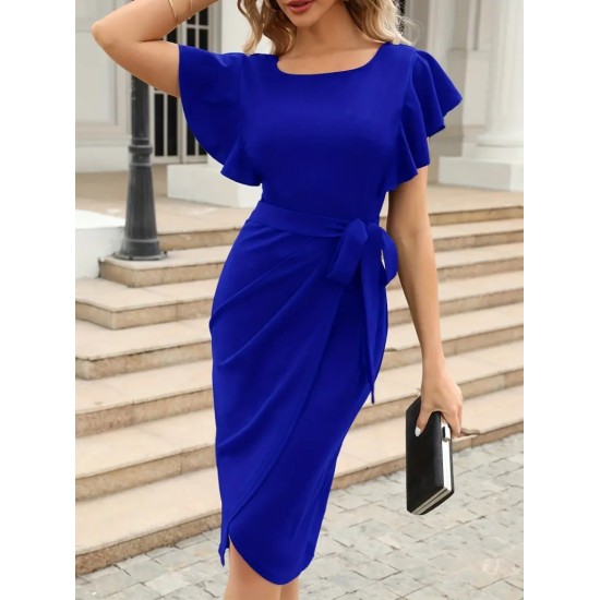 Kadın Kısa Fırfır Kollu Yakası Açık Belden Kuşaklı çapraz Kesim Detaylı Ithal Krep Elbise , 23622