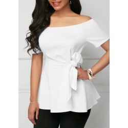 Kadın Kısa Kollu Madonna Yaka Yandan Bağlamalı Ithal Krep Bluz , 23669