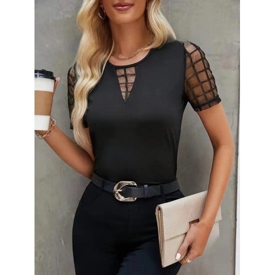 Kadın Kısa Kollu Yakası Açık Damla Ağ Tül Detaylı Viskon Bluz , 23684