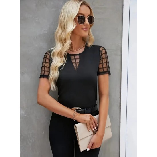 Kadın Kısa Kollu Yakası Açık Damla Ağ Tül Detaylı Viskon Bluz , 23684