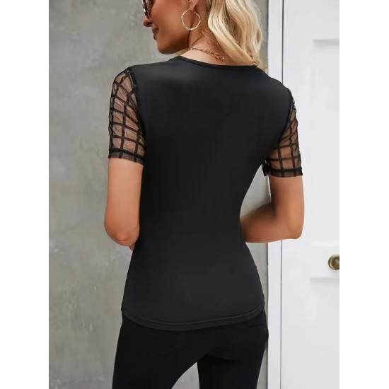 Kadın Kısa Kollu Yakası Açık Damla Ağ Tül Detaylı Viskon Bluz , 23684
