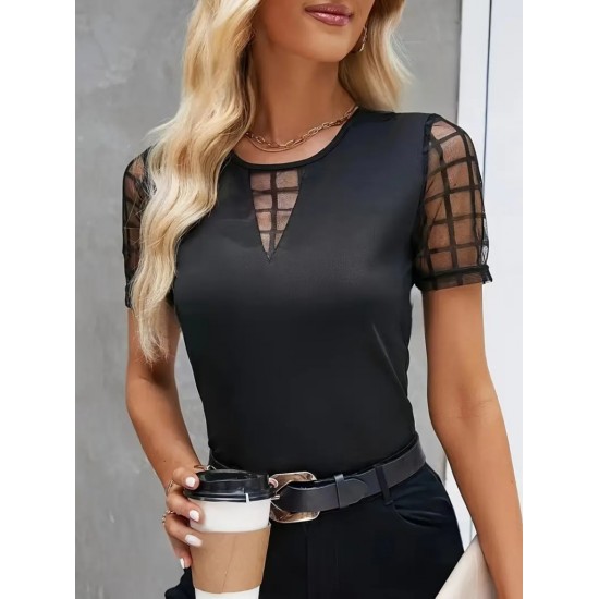 Kadın Kısa Kollu Yakası Açık Damla Ağ Tül Detaylı Viskon Bluz , 23684